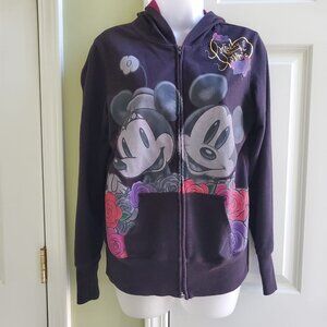 Vintage Y2K Disney World Minnie & Mickey Mouse Rose Print Zip Up Hoodie